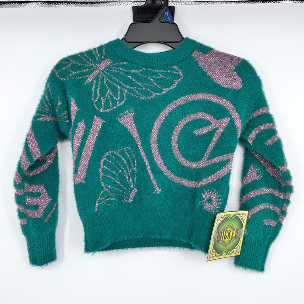 Wicked Sweater Girls XS‎ 4/5 Teal Green Fuzzy Eyelash Knit Pink Metallic Graphic